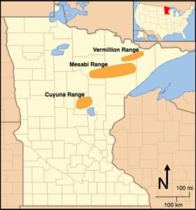 Map of Minnesota showing the locations of the three iron ranges: The Mesabi, Vermillion, Cuyuna.
