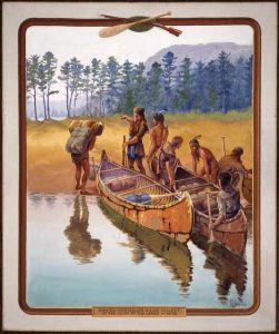 "Daniel Greysolon Sieur Dulhut at the Head of the Lakes - 1679." Painted by artist Francis Lee Jaques, c.1922. painting shows two canoes on the shore of a lake with four European men and three American Indian men disembarking.