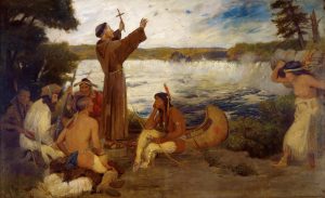 Stephen A Douglas Volk's 1905 painting: "Father Hennepin Discovering the Falls of St. Anthony" shows an imaged view of Hennepin ministering to American Indians at the Falls of St Anthony
