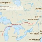 map showing Jean Nicollet's exploration route from Montreal through Green Bay and into southern Wisconsin. 1634