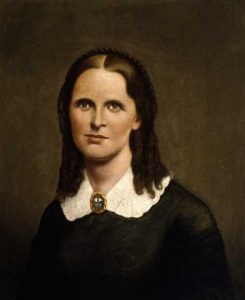 Oil-on-canvas portrait of Harriet Bishop. Painted c.1880 by Andrew Falkenshield; based on an engraving of Bishop made in 1860.