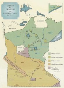 Map of Minnesota showing all of the treaty sessions by date and tribe.