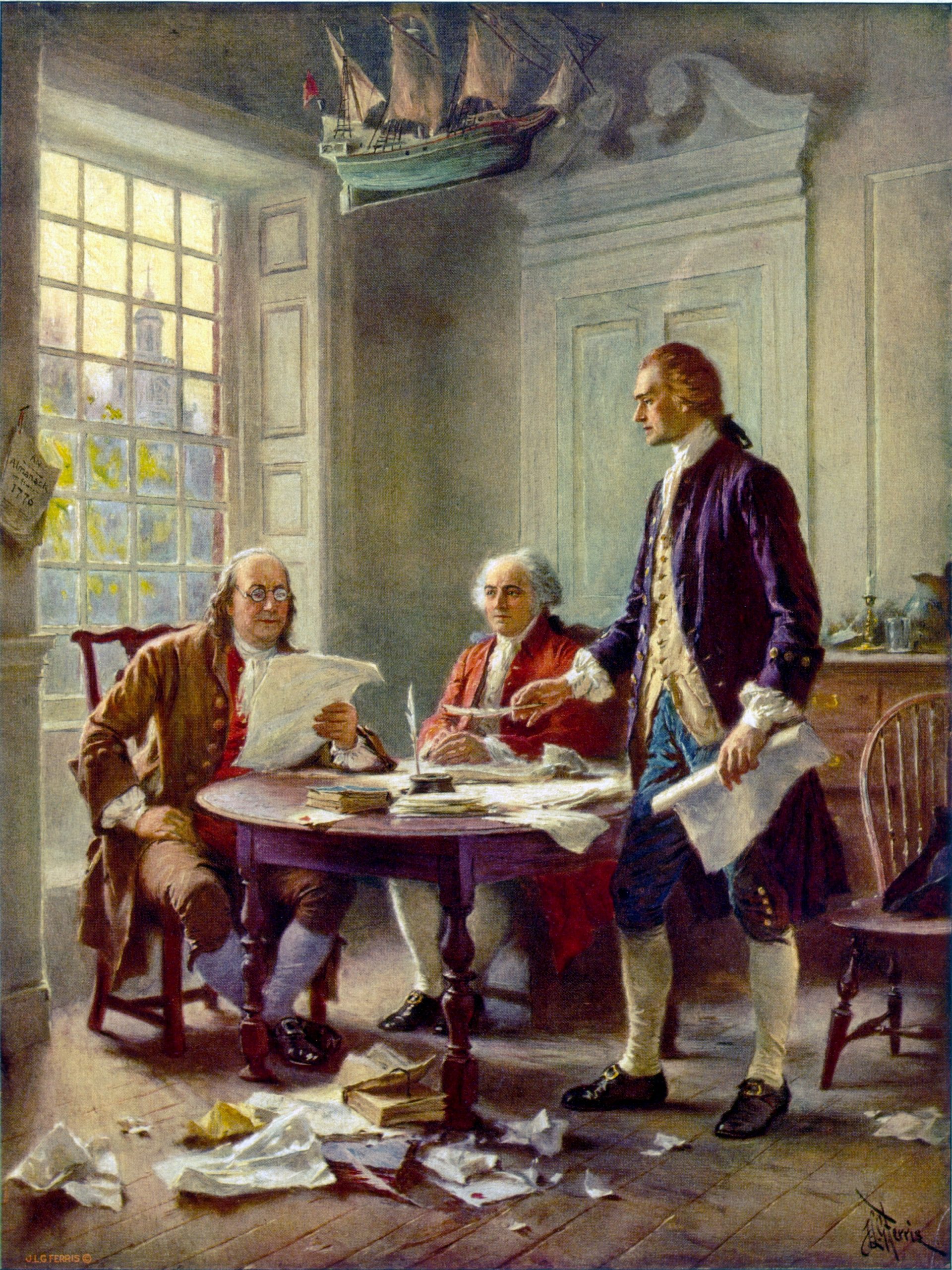 Thomas Jefferson, John Hancock, and Benjamin Franklin reading over the declaration of independence