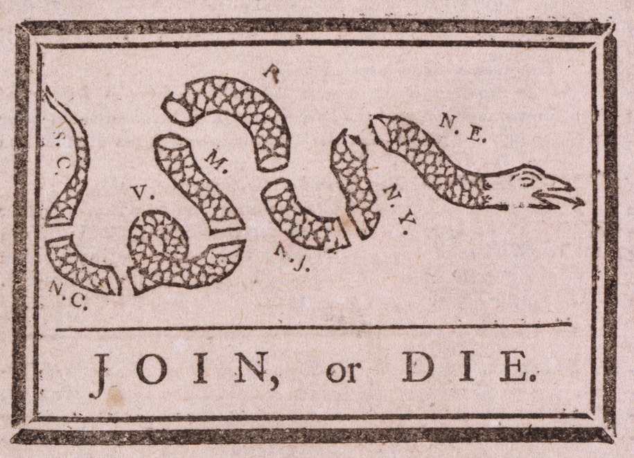Franklin's Join, or Die. The poster features a severed snake