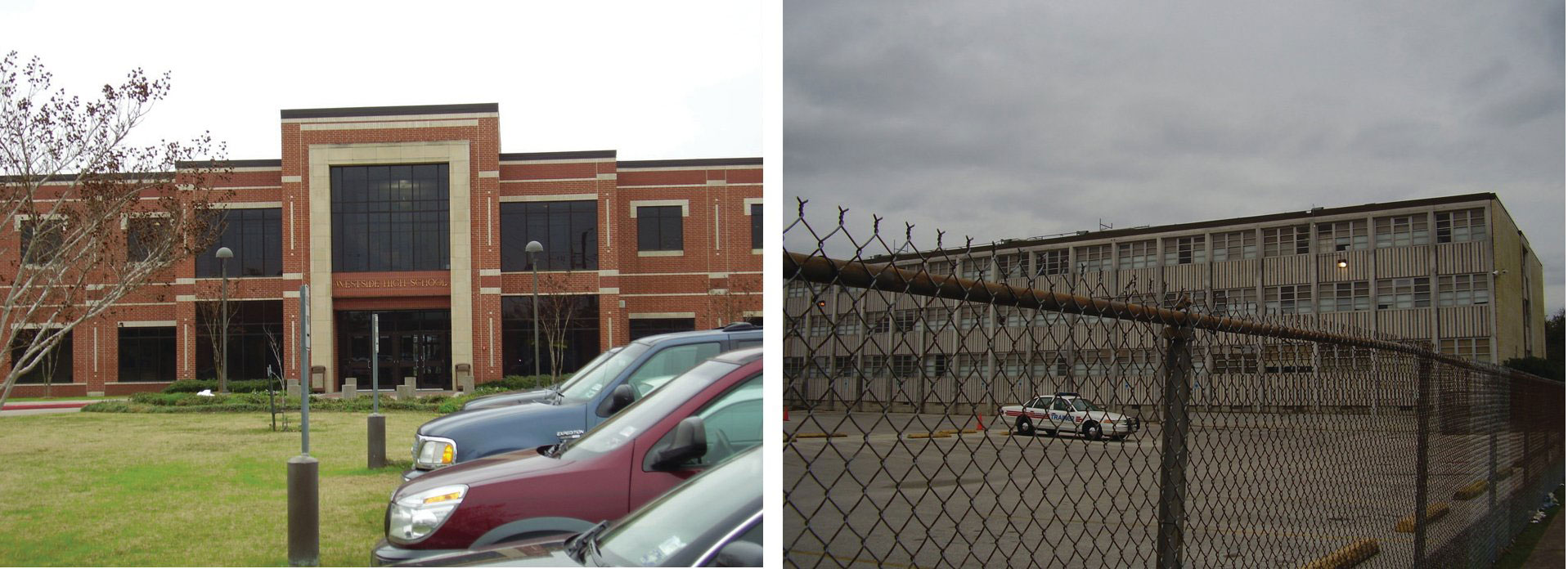 Westside High School in Houston (a very nicely established school) and Lee High School in Houston (surrounded by a fence)