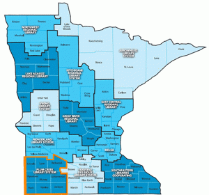 Map of Minnesota's 12 Regional Library Systems with Plum Creek highlighted