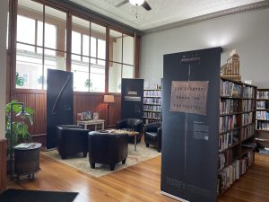 Banners among library stacks