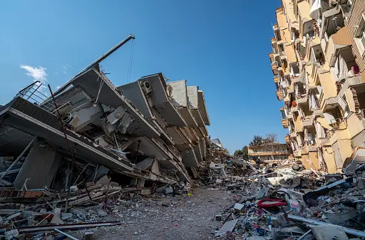 A destroyed building in a city