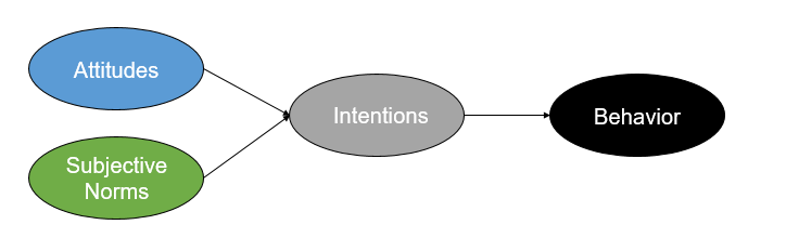 Attitudes and Subjective norms boxes both lead to intentions. Intentions lead to behavior.