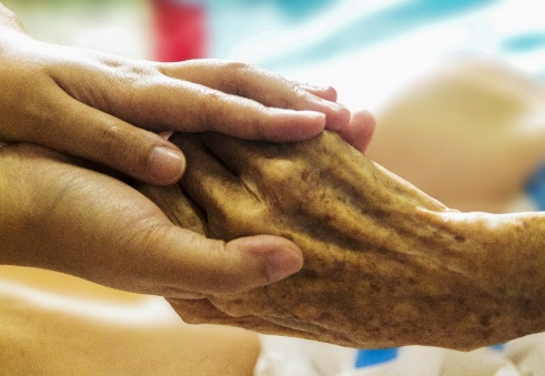 younger hands holding an aged hand.