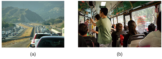 picture (a): long line of cars stopped on a several lane highway in a traffic jam. picture (b) several people on a crowded bus with all seats full and some standing in the aisle.