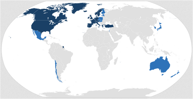 Shaded countries include all of North America, Chile, Western Europe, Japan, South Korea, Australia and New Zealand.