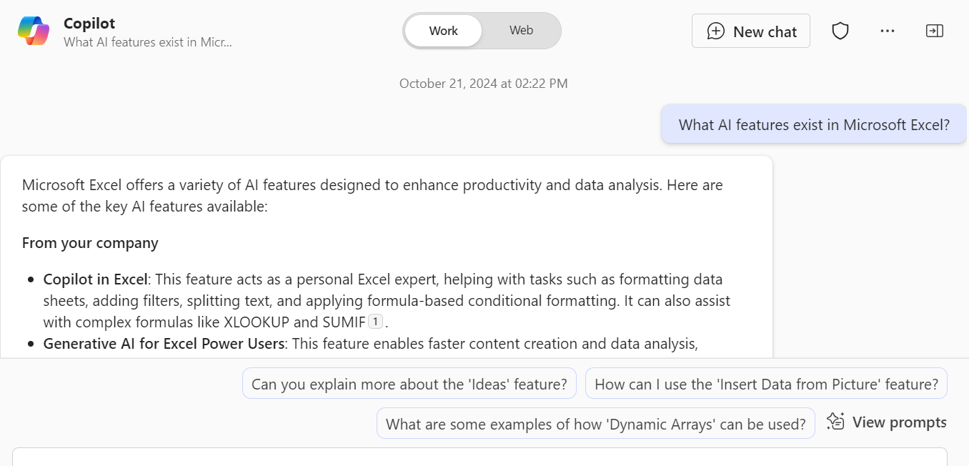 A Copilot prompt that asks, "What AI features exist in Excel?"