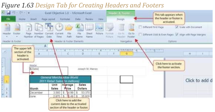 Figure 1.63 "Design Tab for Creating Headers and Footers"