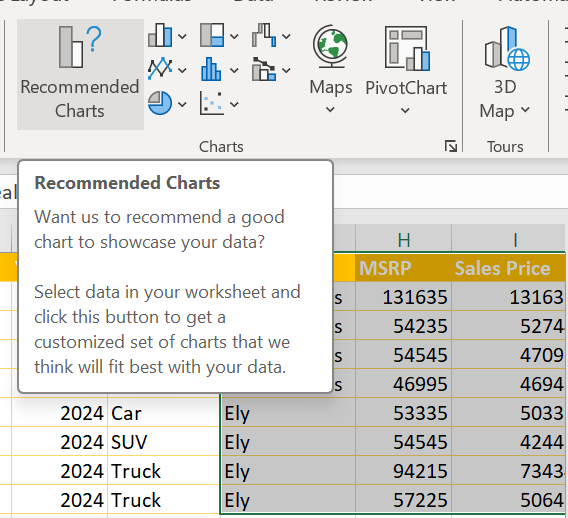 Recommended Charts button in Charts group of the Insert ribbon.