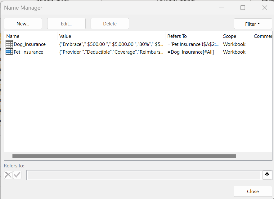 The Name Manager dialog