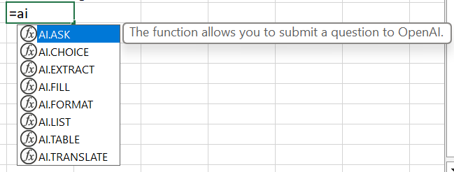 =ai is typed into an Excel cell to show a few new ai formulas recently added to Excel