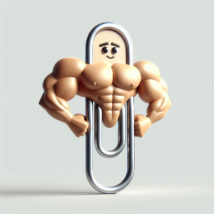 A muscular torso and animated face attached to a paper clip.