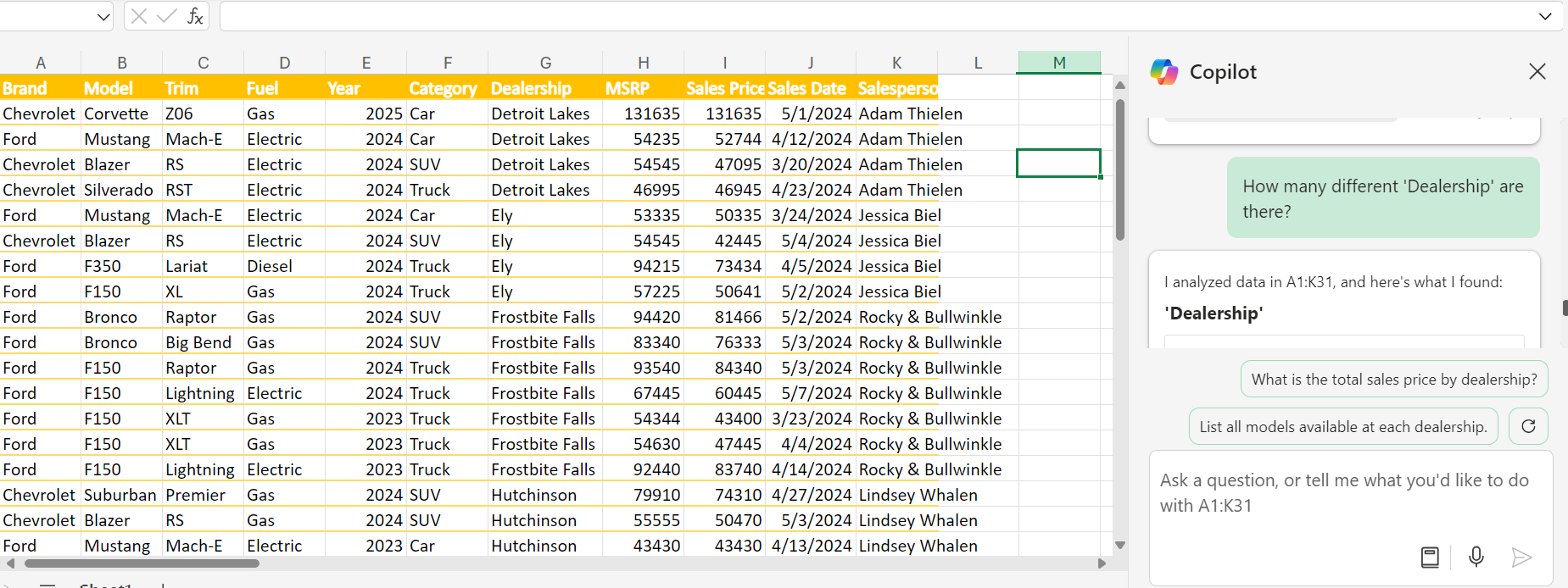 Copilot task pane with sample prompts that interact with the data in the accompanying worksheet.