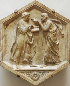 Plato and Aristotle, or Philosophy. Marble panel from the North side, lower basement of the bell tower of Florence, Italy. Museo dell'Opera del Duomo.