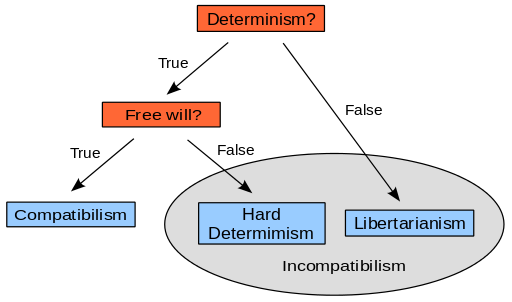 A simplified free will taxonomy. The orange boxes represent questions in the free will debate, and the blue boxes represent philosophical positions based on the responses. The grey region indicates the two incompatibilist positions. Original image created by Edward M. Hubbard who submitted it to Wikipedia and released it under the same license as this image.