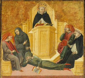 by Giovanni di Paolo [Public domain], via Wikimedia Commons, St. Thomas Aquinas Confounding Averroës