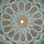 Iranian glazed ceramic tile work, from the ceiling of the Tomb of Hafez in Shiraz, Iran. Province of Fars.
