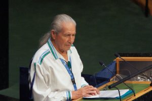 Oren Lyons, Jr., Faithkeeper of the Turtle Clan of the Seneca Nations of the Iroquois Confederacy addressed the World Conference on Indigenous peoples. Sept. 22, 2014. Photo by Jared King.