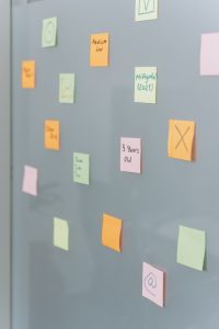 A set of stickie notes on a wall.