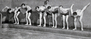 Vic Gustafson and swim team, 1949