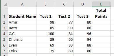 Excel Test Scores Start