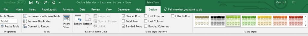 Table Tools Design tab