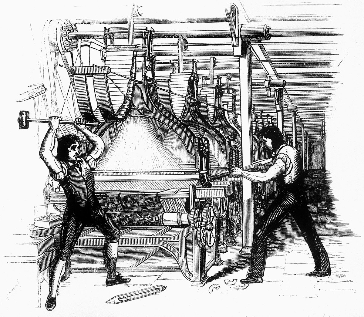 Luddites breaking a loom