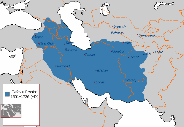The maximum extent of the Safavid Empire under Shah Abbas