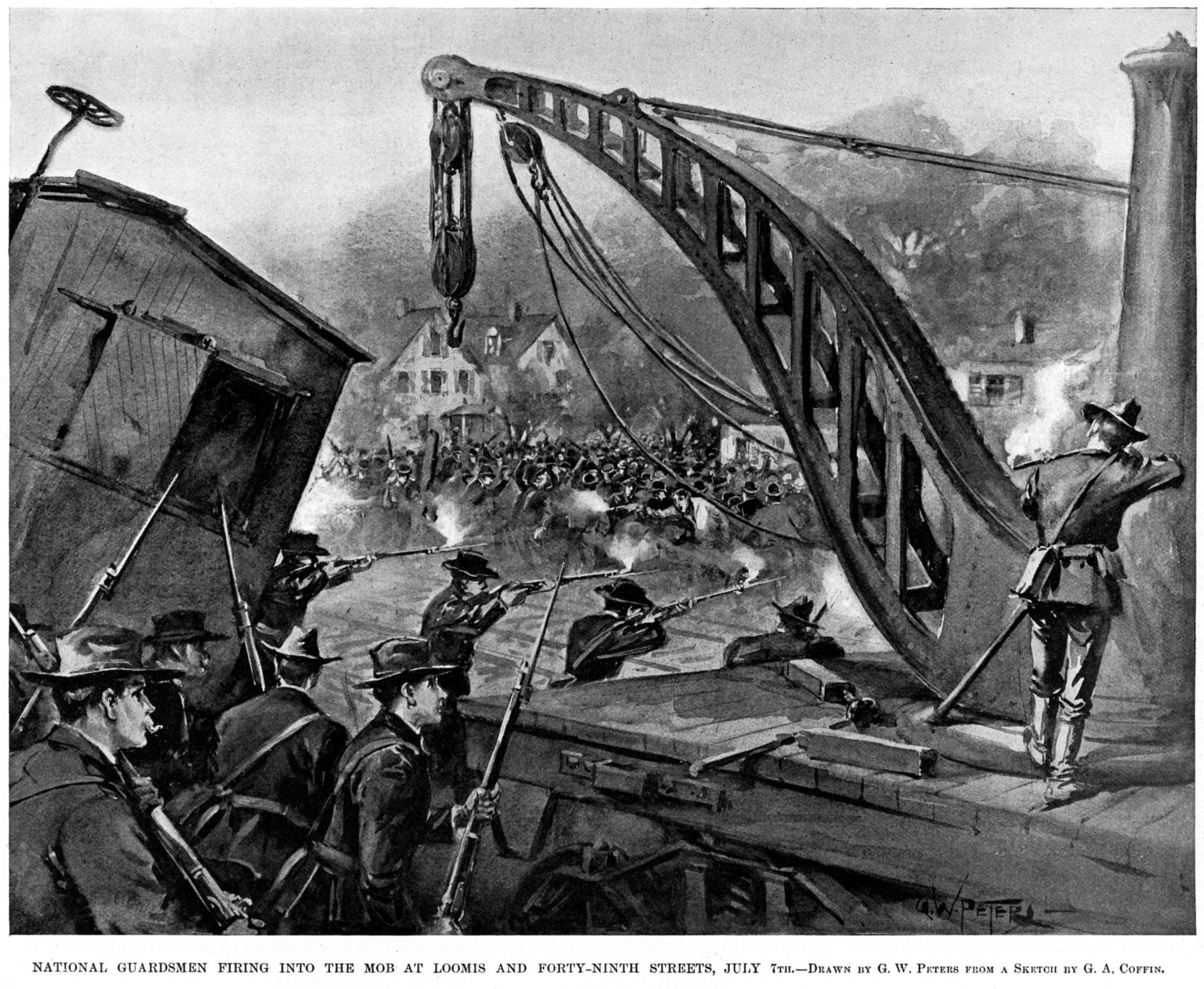 Troops firing on strikers during Pullman Strike, 1894