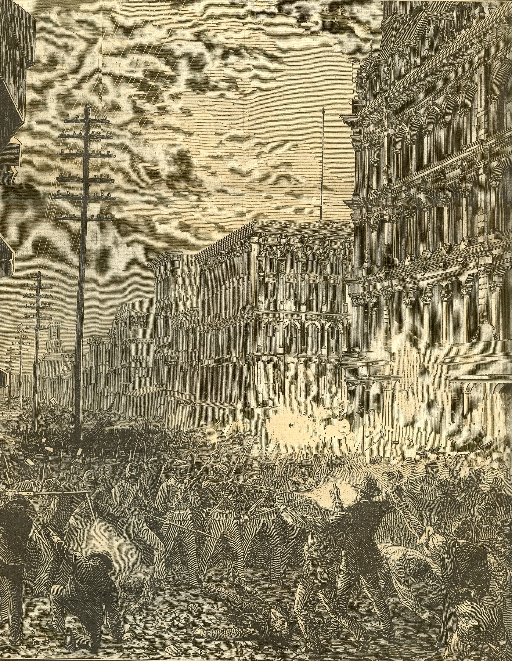 Soldiers firing on strikers during Great Railroad strike of 1877