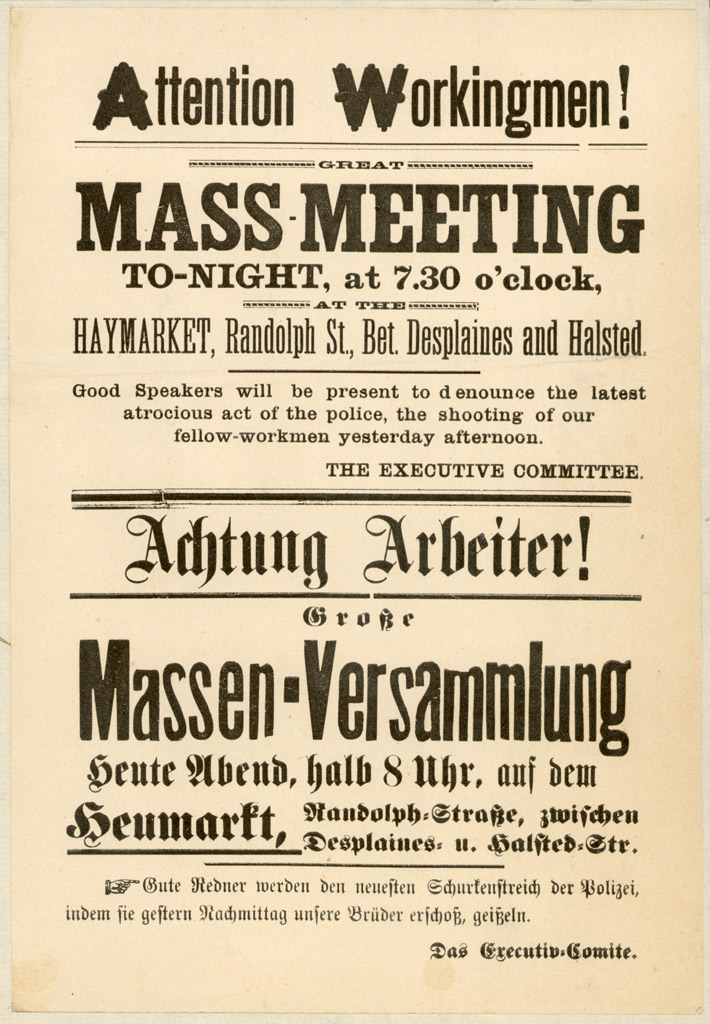 A bilingual English-German flier notifying people of a rally in support of striking workers