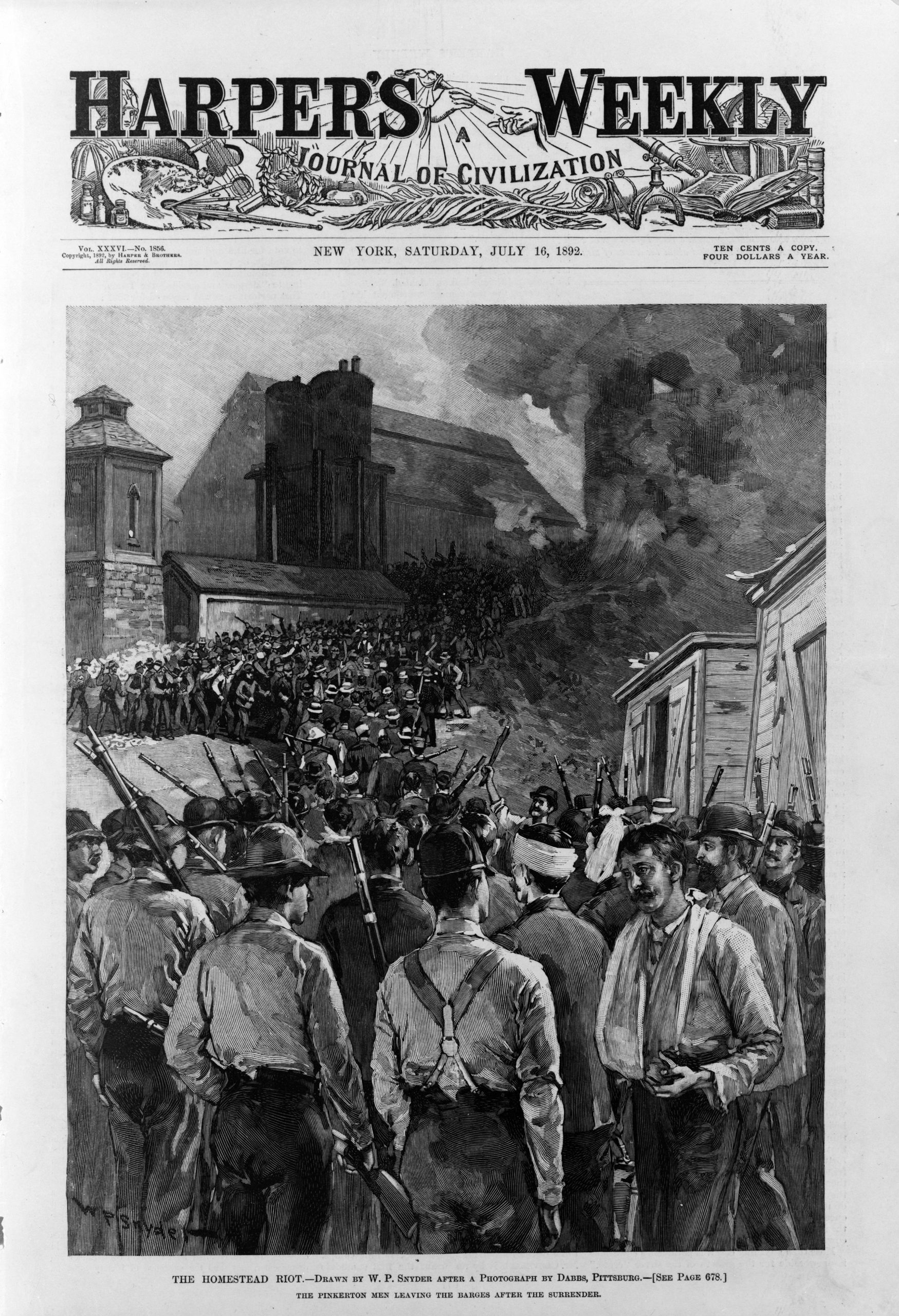 Pinkerton men leave the barges after their surrender during the Homestead strike