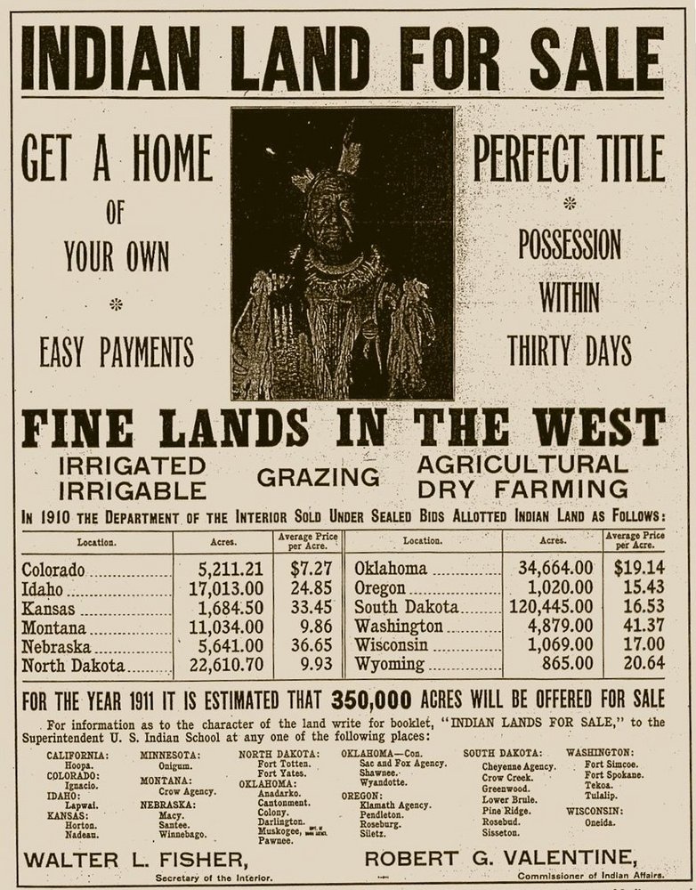 United States Department of the Interior advertisement offering Indian Land for Sale