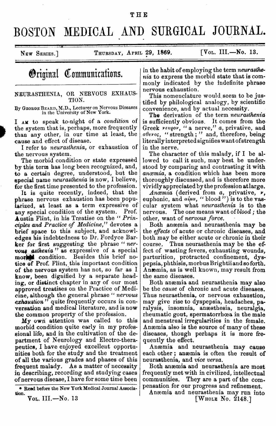 George Beard article on neurasthenia, 1869.