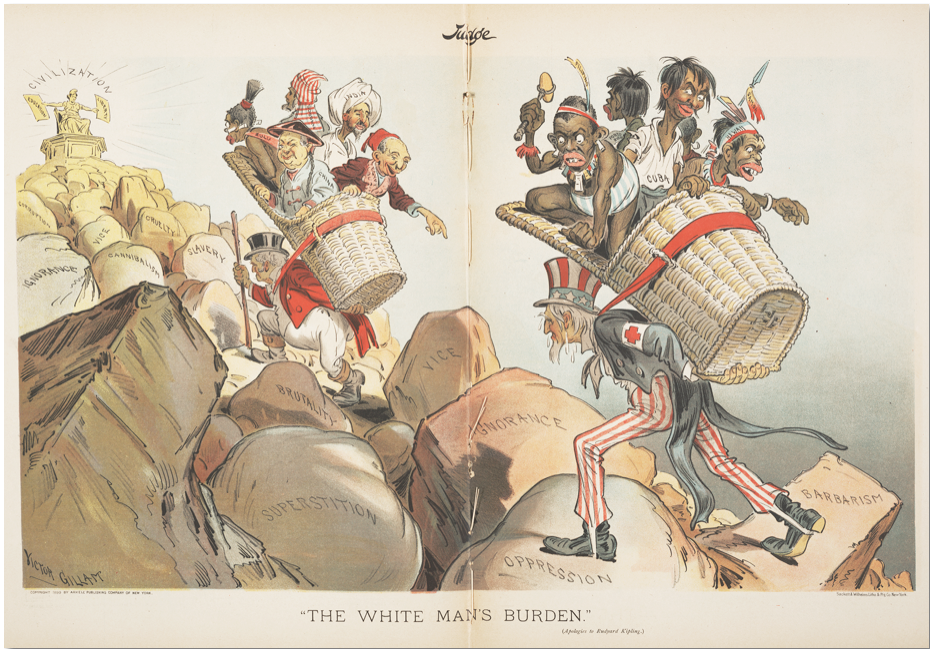 John Bull (Great Britain) and Uncle Sam (U.S.) bear "The White Man's Burden"