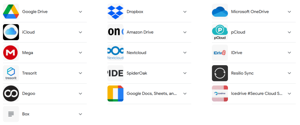 Screenshot of cloud storage services
