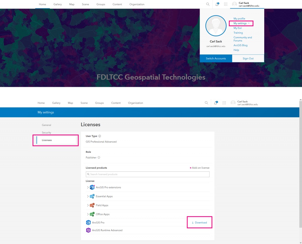 Figure 0.2: Downloading ArcGIS Pro from the Licenses page on ArcGIS Online