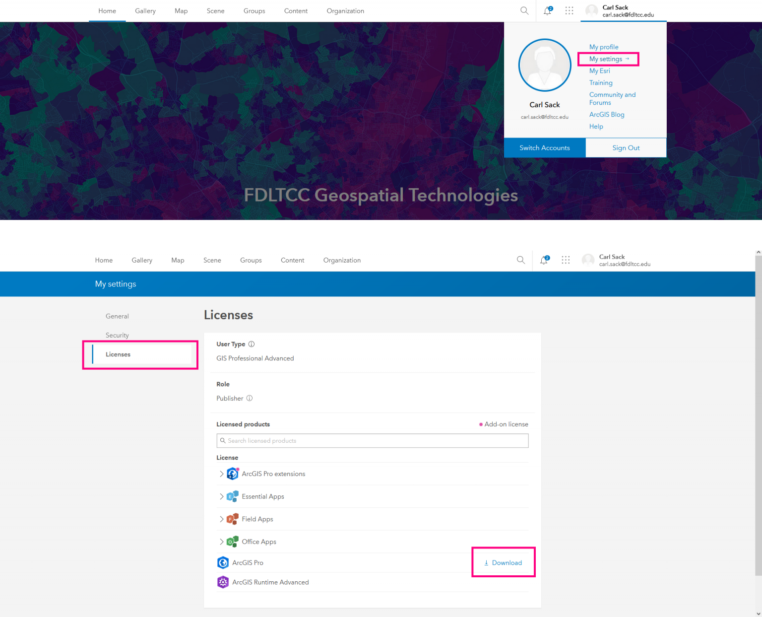 Setup Before You Begin The Flexible GIS Workbook For ArcGIS Pro   Fig0.2 AGOL MySettings Download 1536x1243 