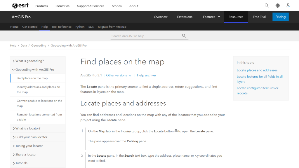 Screenshot of ArcGIS Pro help page for the Locate tool