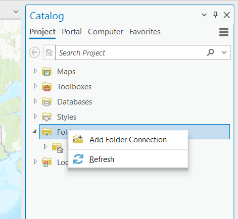 Screenshot of Catalog pane with Add Folder Connection button