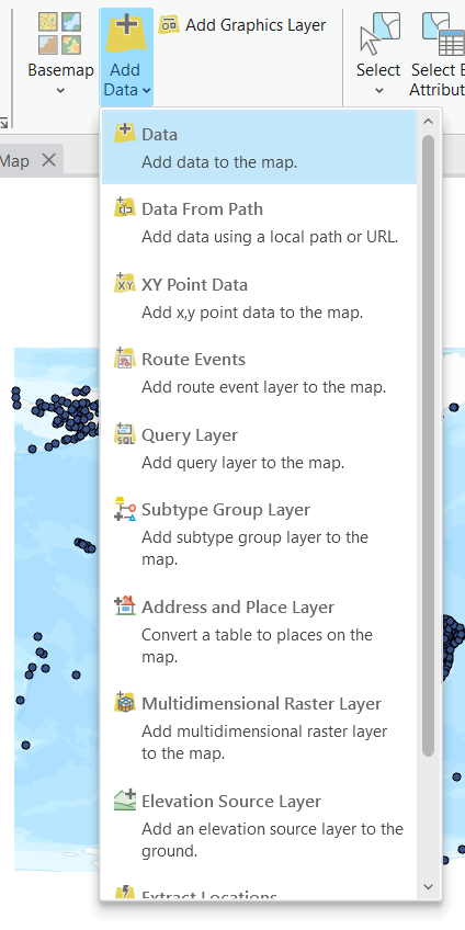 Screenshot of Add Data dropdown menu