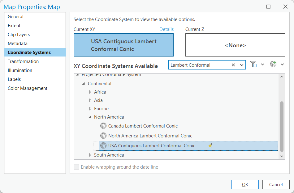 Screenshot of Map Properties Coordinate Systems window