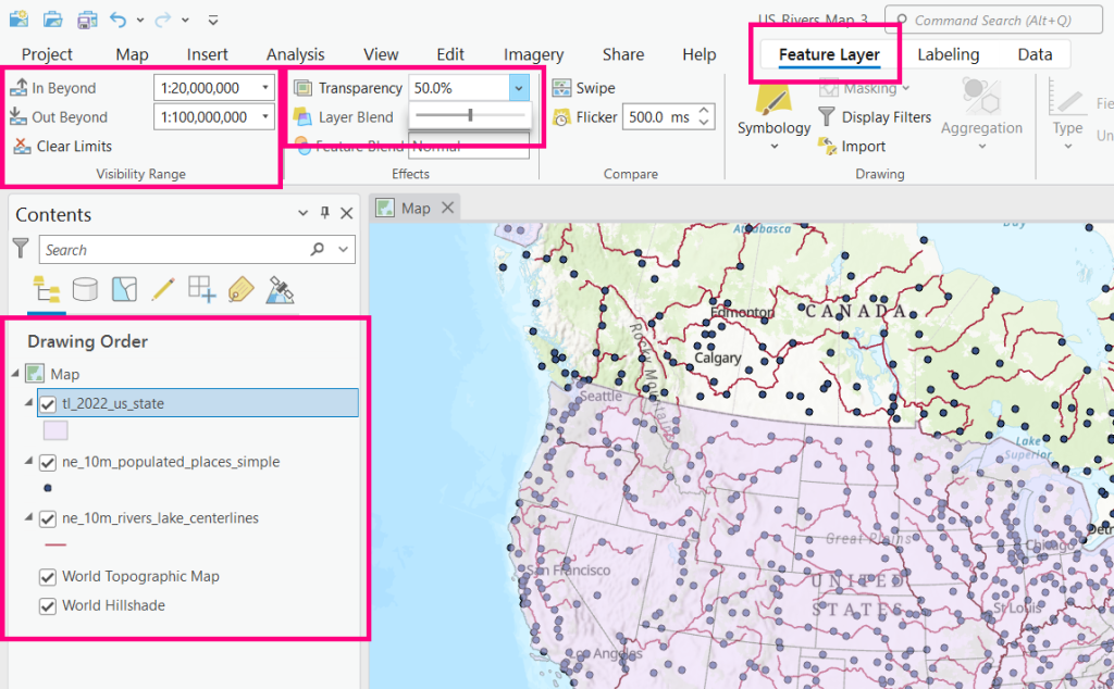 Screenshot of ArcGIS Pro with Drawing Order and Feature Layer tools highlighted