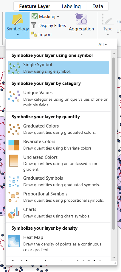 Screenshot of ArcGIS Pro Symbology dropdown menu